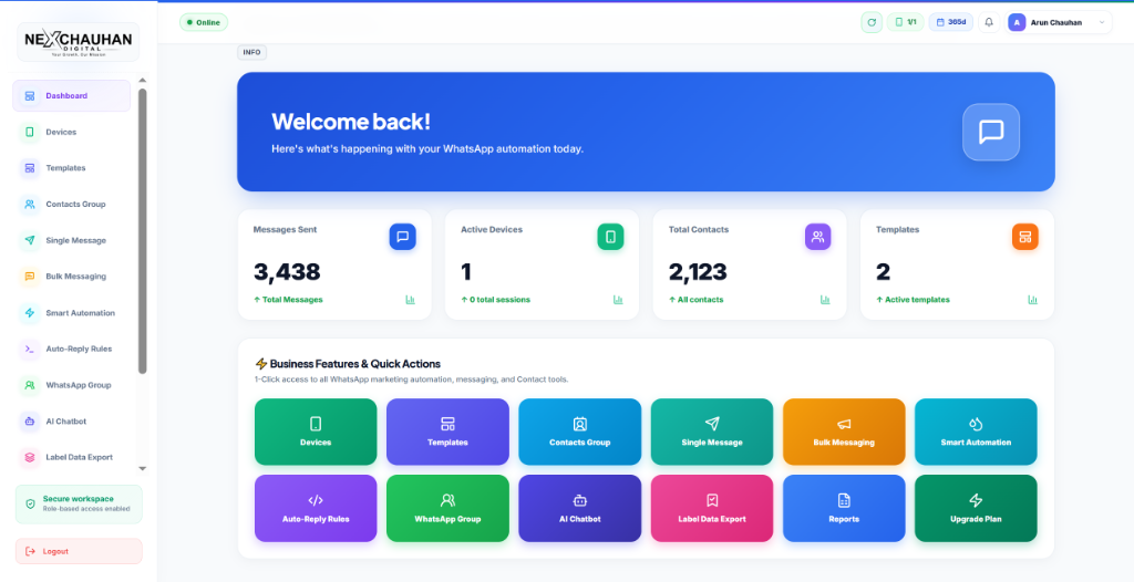 Nex Chauhan Digital All-in-One WhatsApp Marketing Software Dashboard